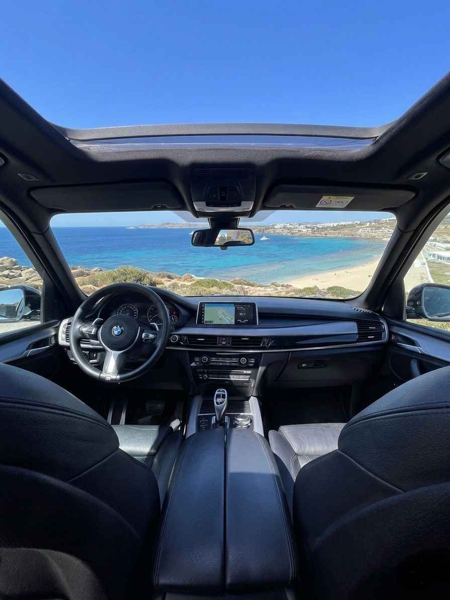 BMW X5 cabin arriving at a Mykonos beach