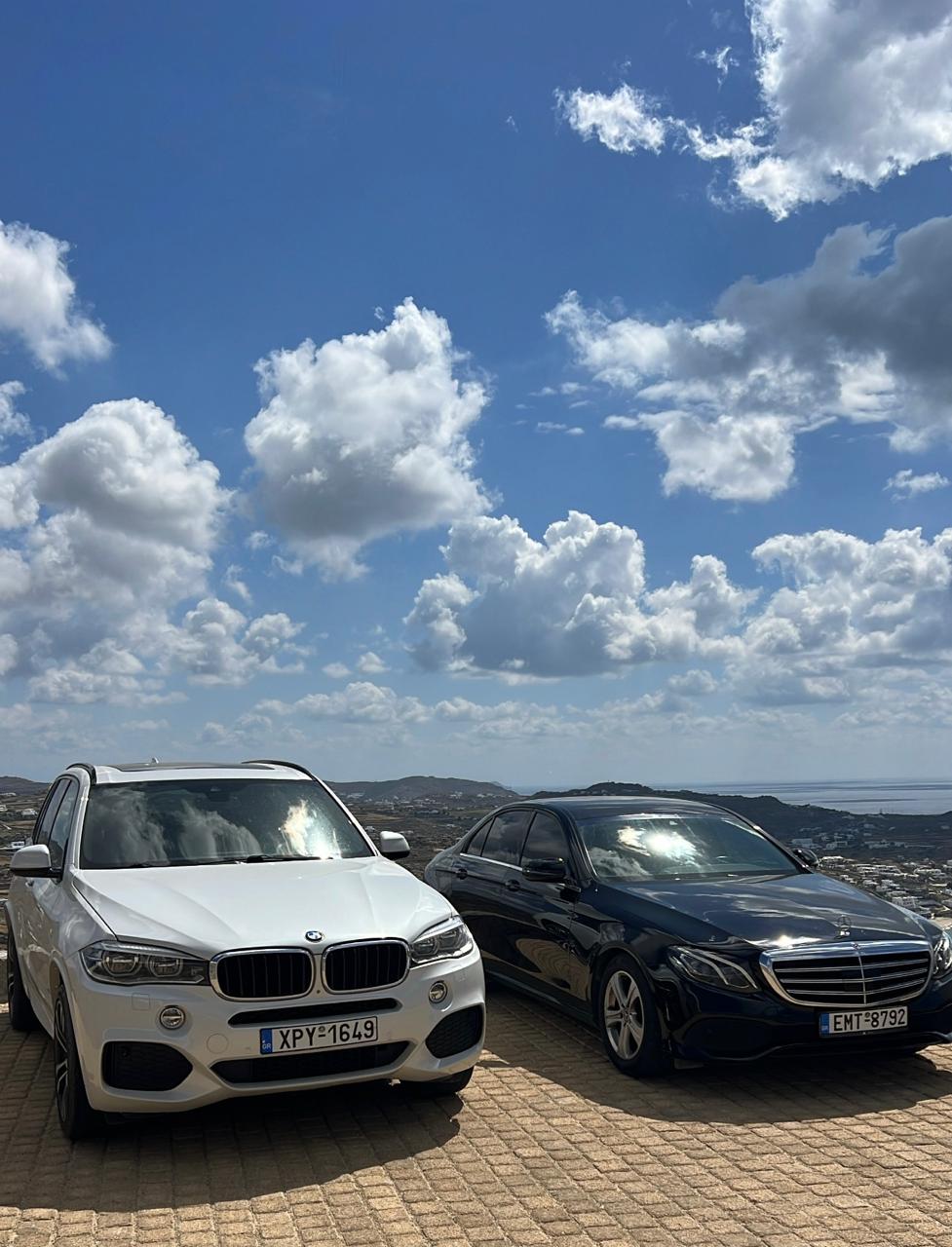 The Apostolou fleet — BMW X5 and Mercedes E-Class on Mykonos