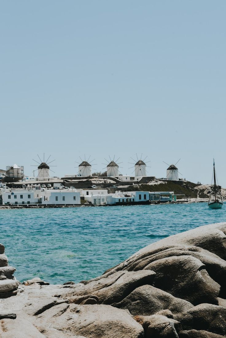 The windmills of Mykonos above the harbour