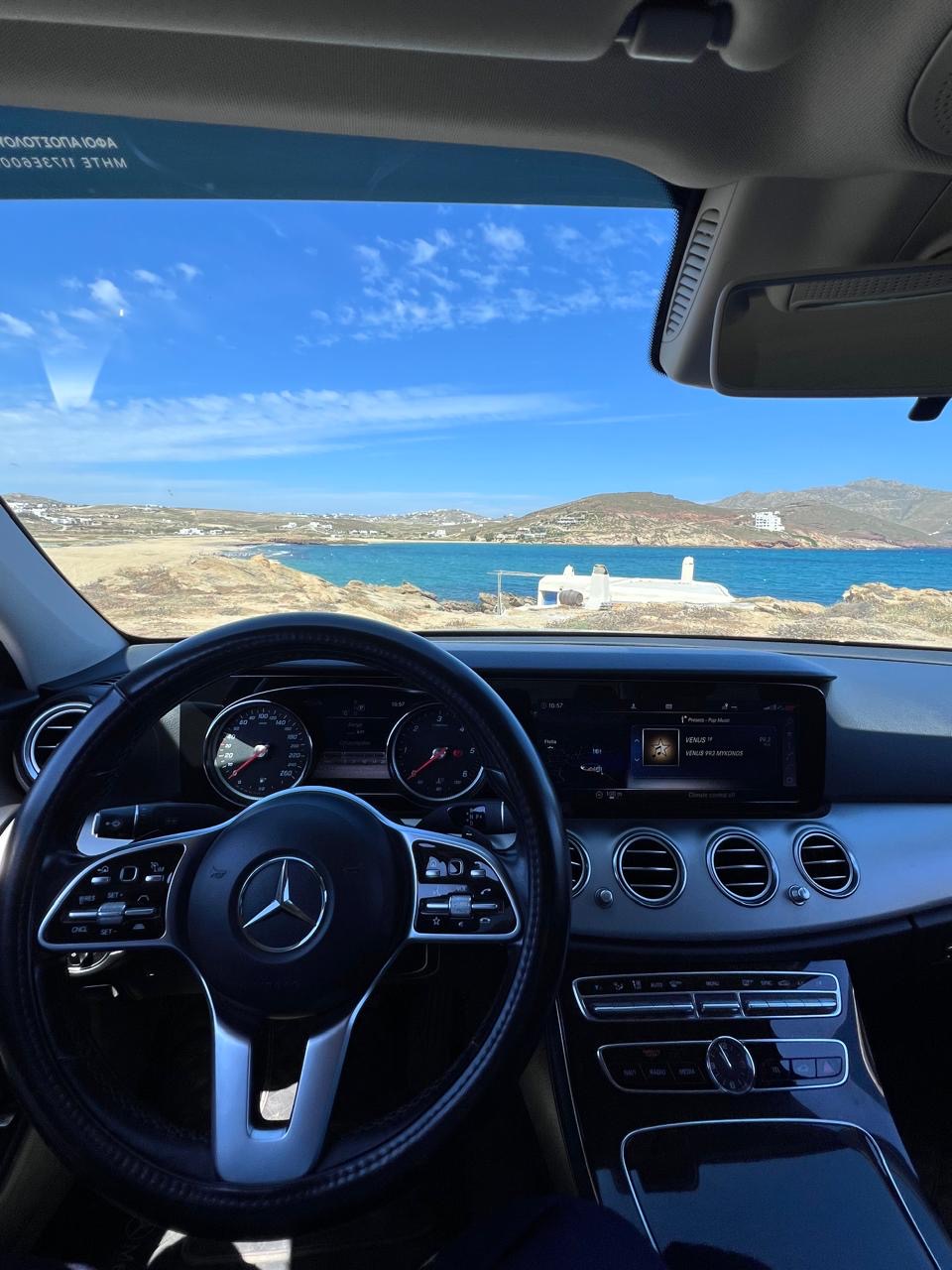 Mercedes E-Class interior looking out over the Aegean